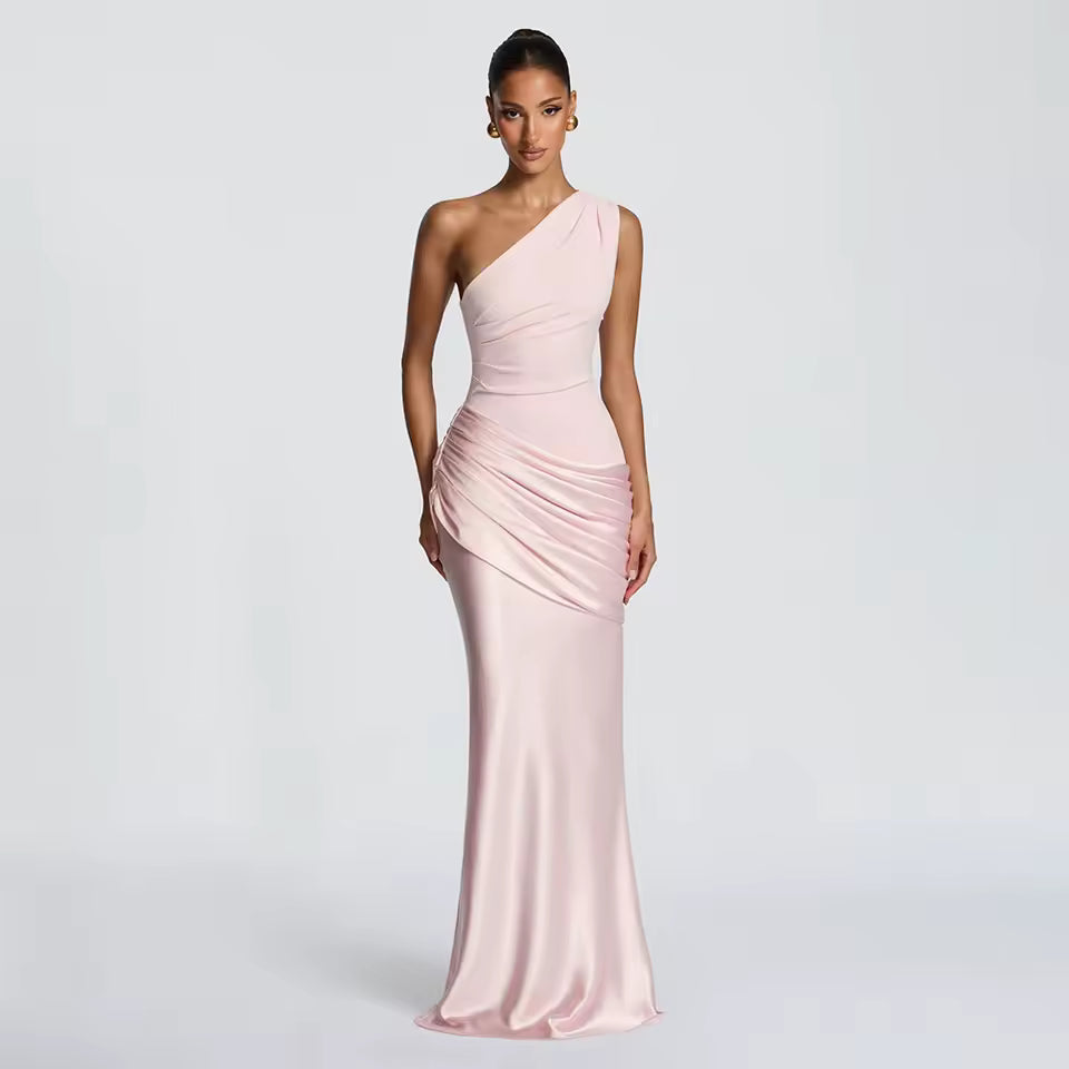 One Shoulder Satin Ruched Maxi Dress