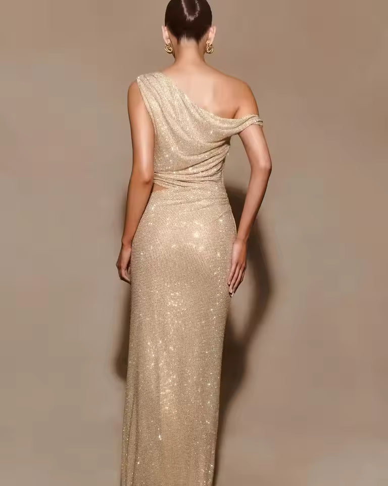 One Shoulder Diamond Mesh Cut Out Dress