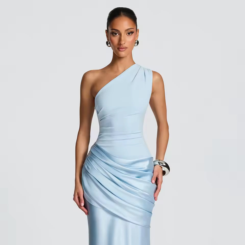 One Shoulder Satin Ruched Maxi Dress