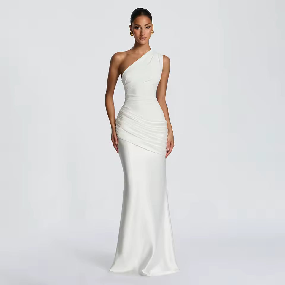 One Shoulder Satin Ruched Maxi Dress