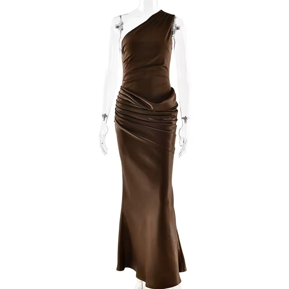 One Shoulder Satin Ruched Maxi Dress